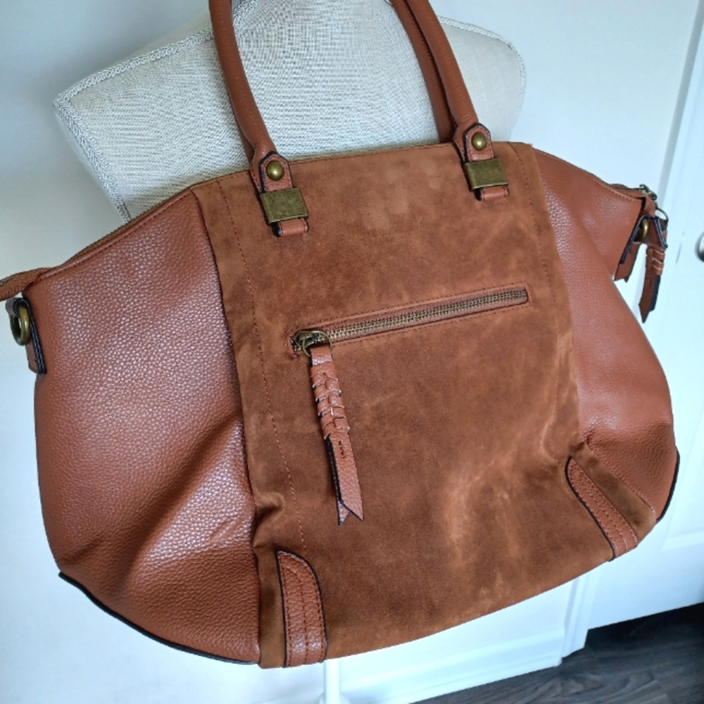 Chinese Laundry Cognac Two-Tone Suede & Pebbled Leather Shoulder Bag